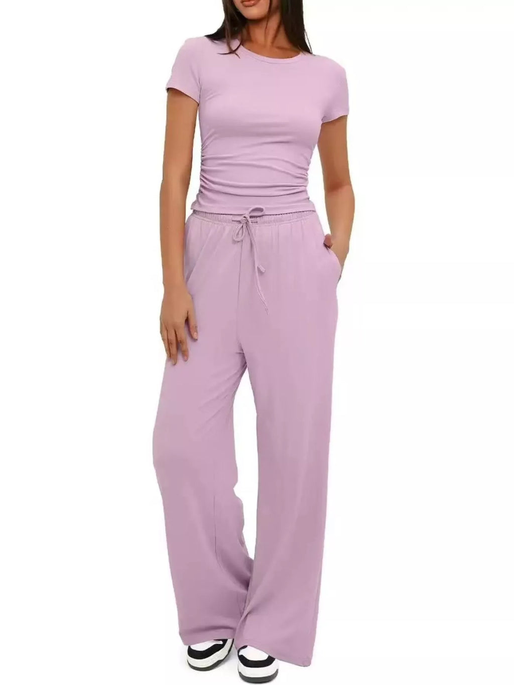 Round Neck Short Sleeve Top and Pants Set - WYNFLARE