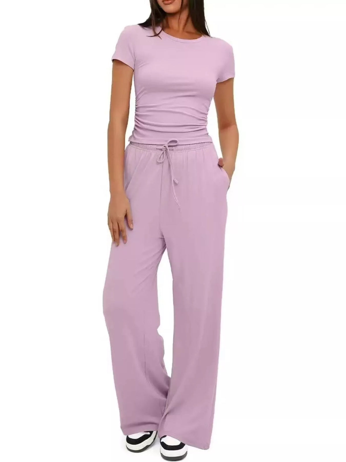 Round Neck Short Sleeve Top and Pants Set - WYNFLARE
