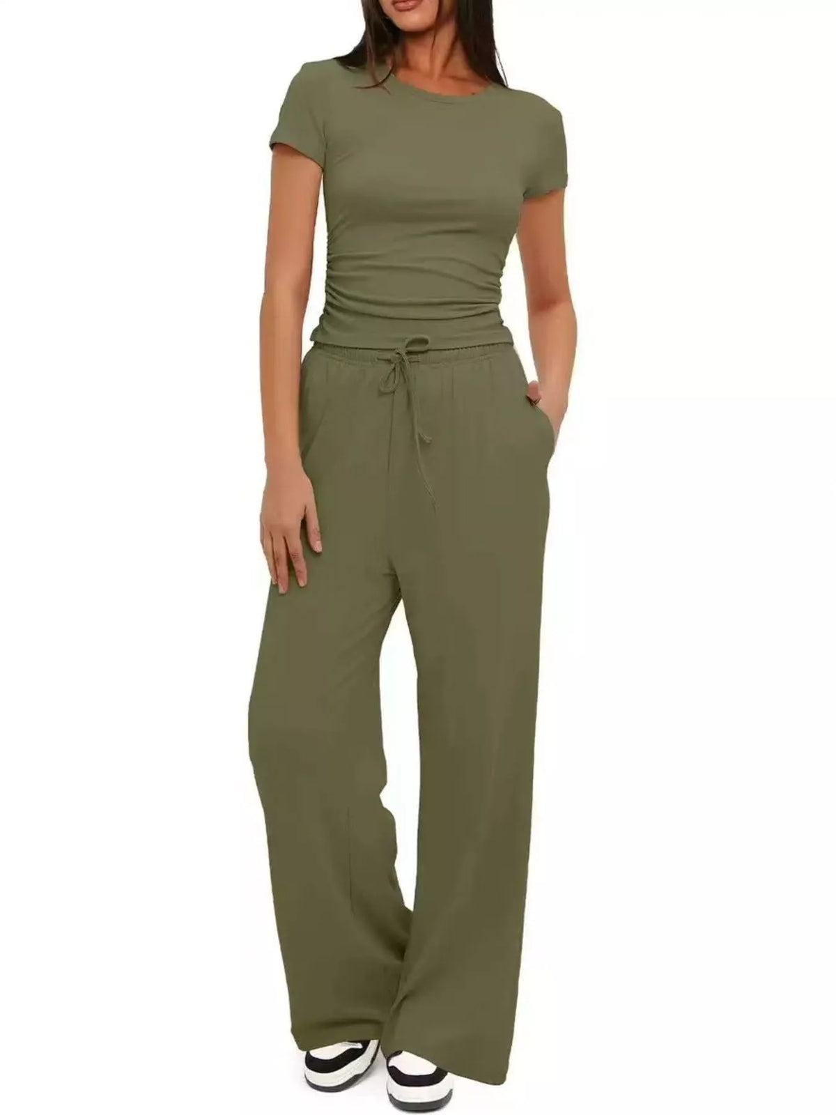 Round Neck Short Sleeve Top and Pants Set - WYNFLARE