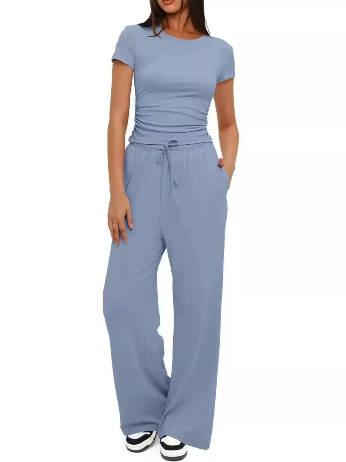 Round Neck Short Sleeve Top and Pants Set - WYNFLARE