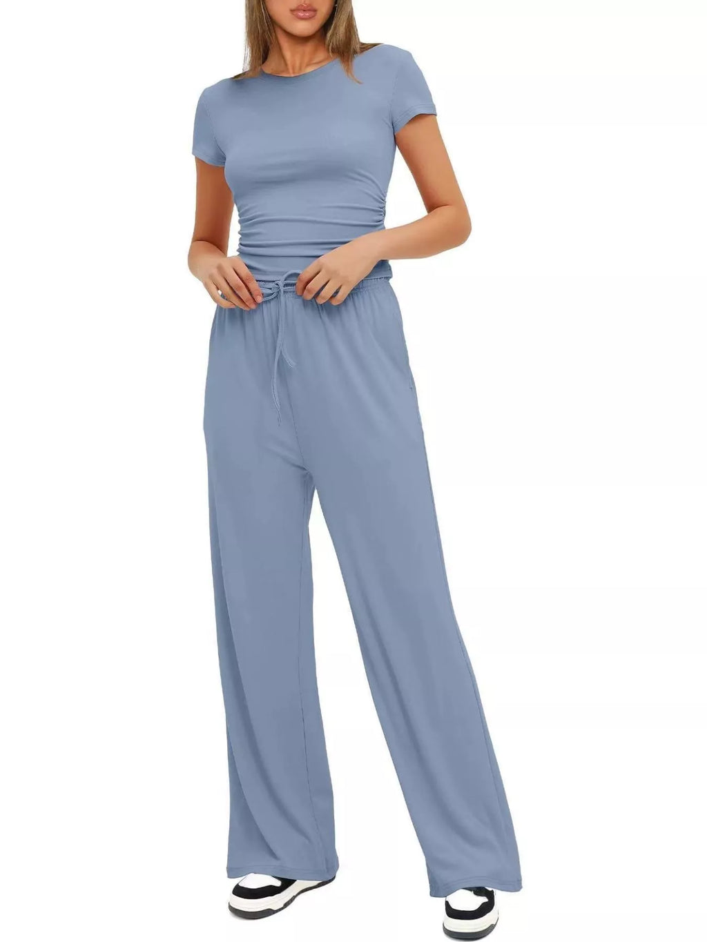 Round Neck Short Sleeve Top and Pants Set - WYNFLARE