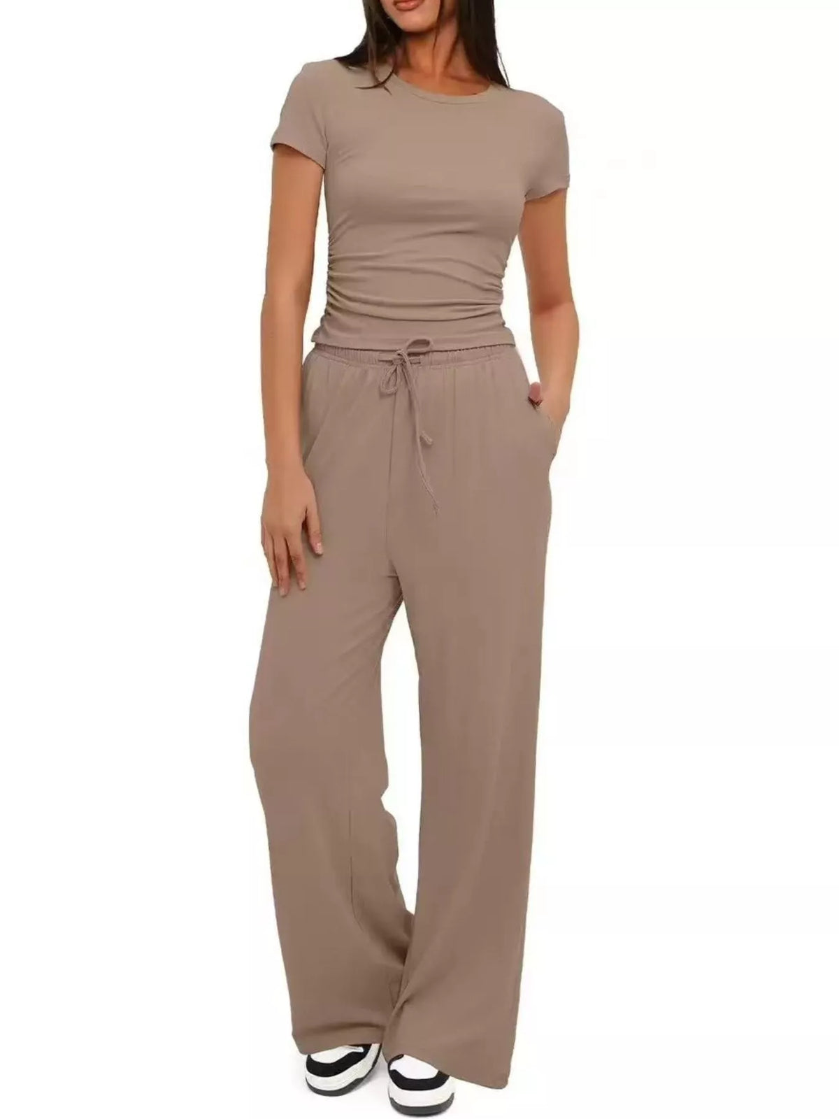 Round Neck Short Sleeve Top and Pants Set - WYNFLARE