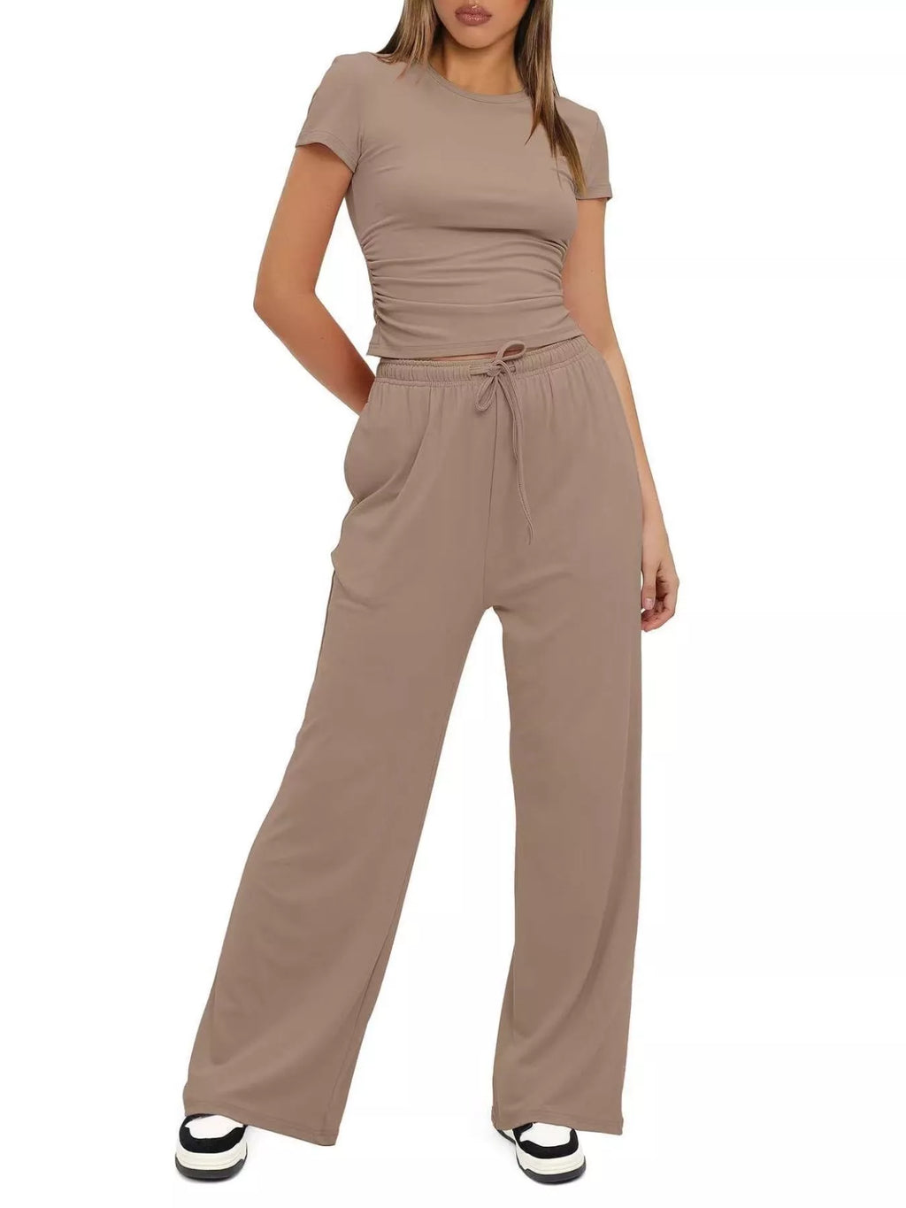 Round Neck Short Sleeve Top and Pants Set - WYNFLARE