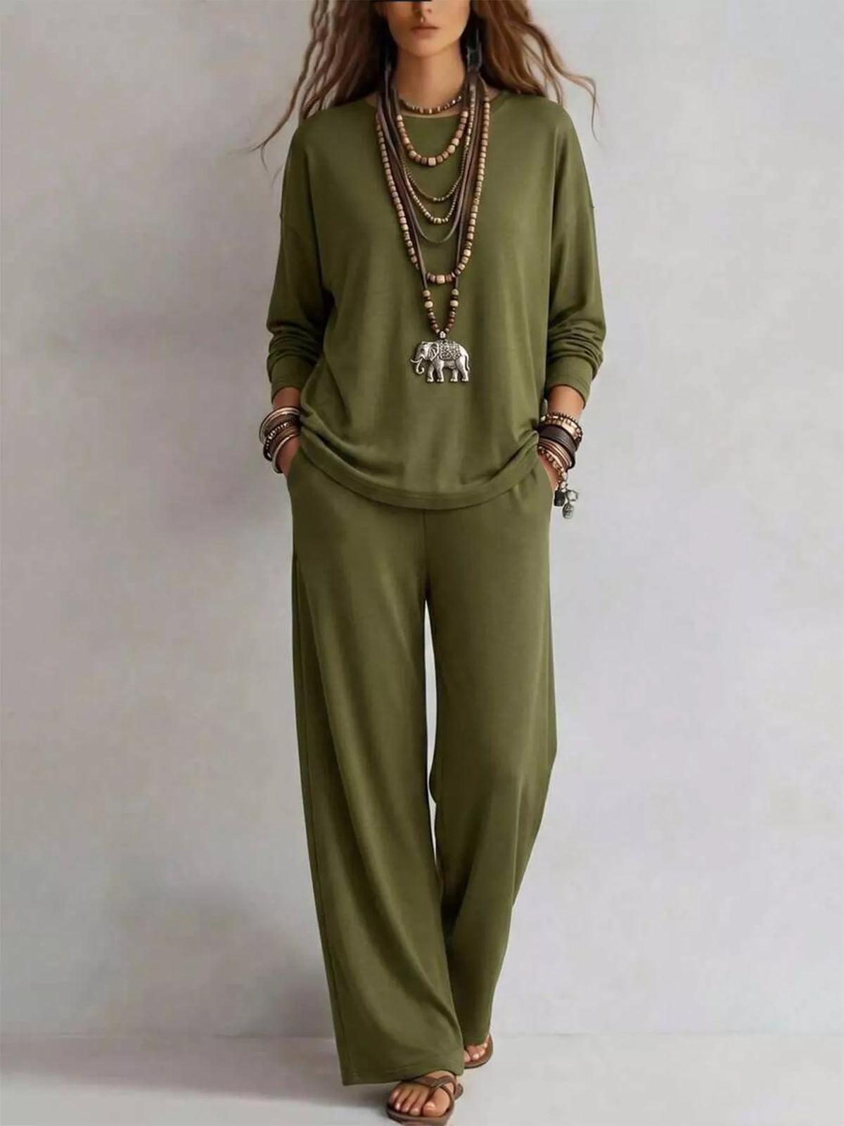 Round Neck T-Shirt and Wide-Leg Pants Set - WYNFLARE