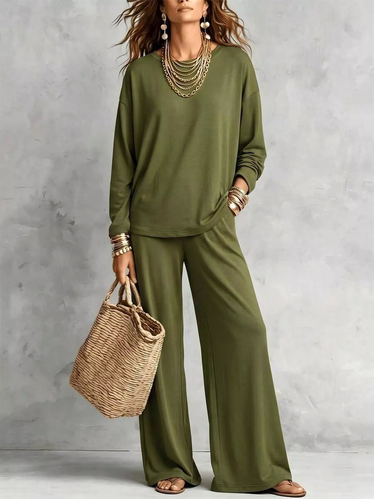 Round Neck T-Shirt and Wide-Leg Pants Set - WYNFLARE
