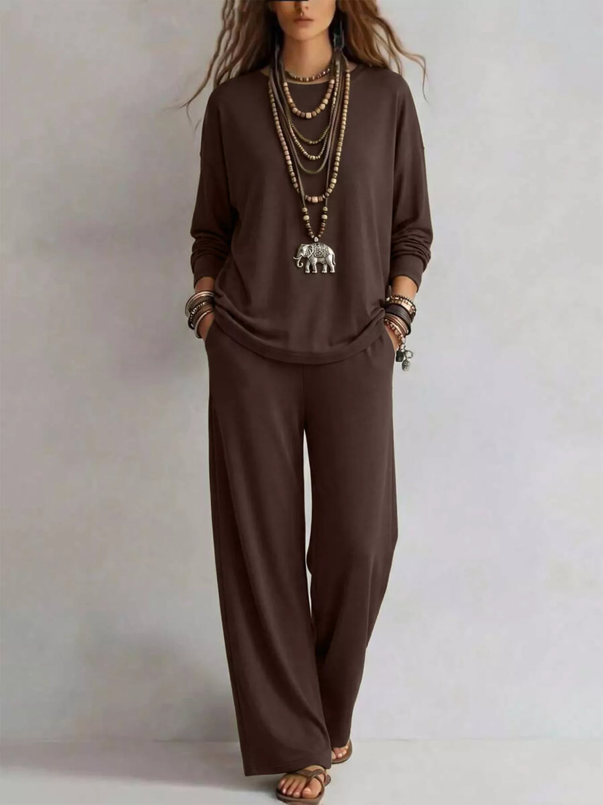 Round Neck T-Shirt and Wide-Leg Pants Set - WYNFLARE
