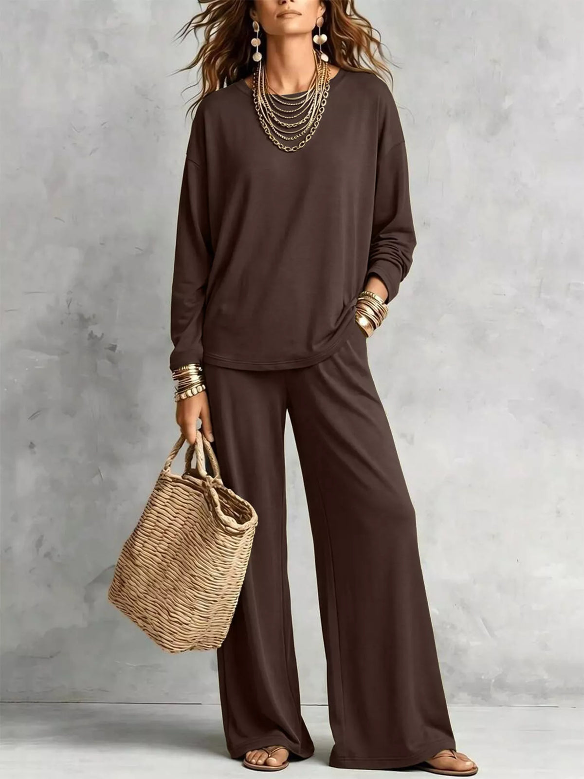 Round Neck T-Shirt and Wide-Leg Pants Set - WYNFLARE