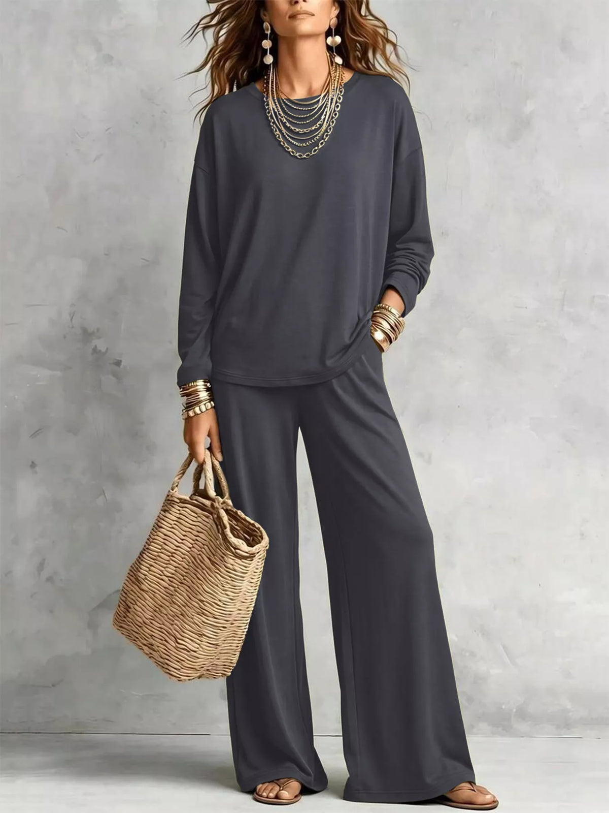 Round Neck T-Shirt and Wide-Leg Pants Set - WYNFLARE