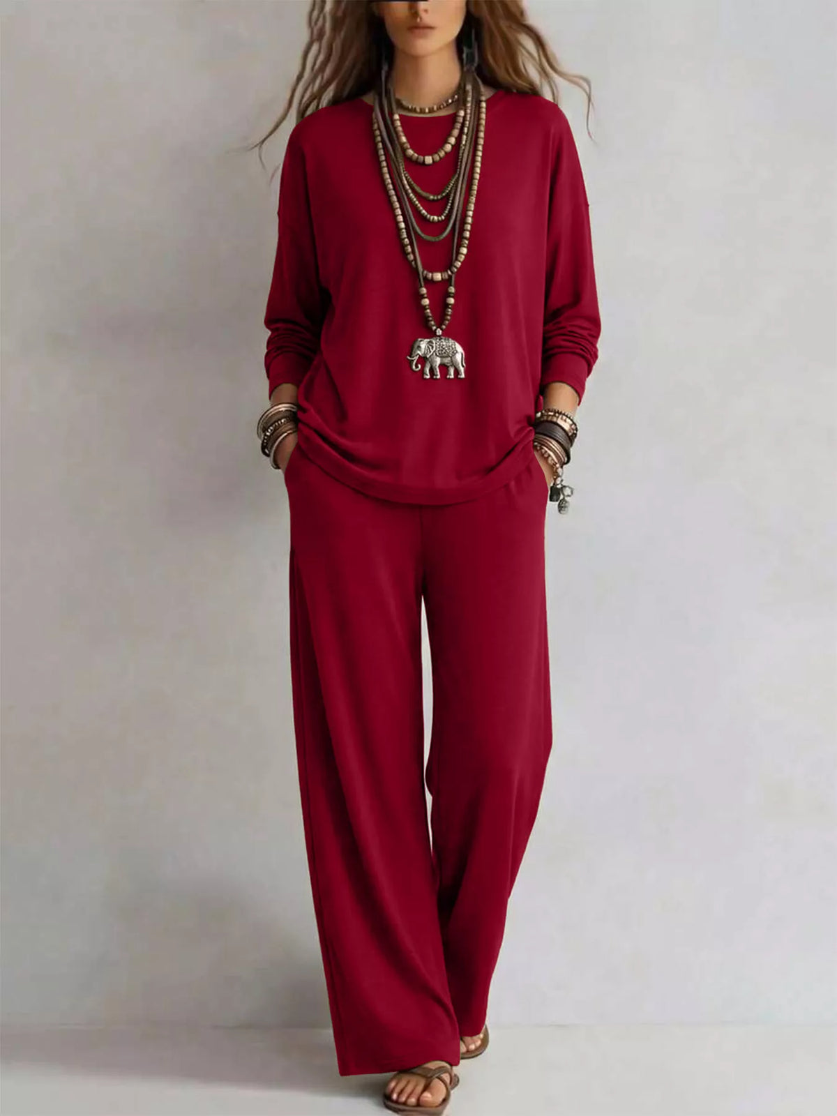 Round Neck T-Shirt and Wide-Leg Pants Set - WYNFLARE