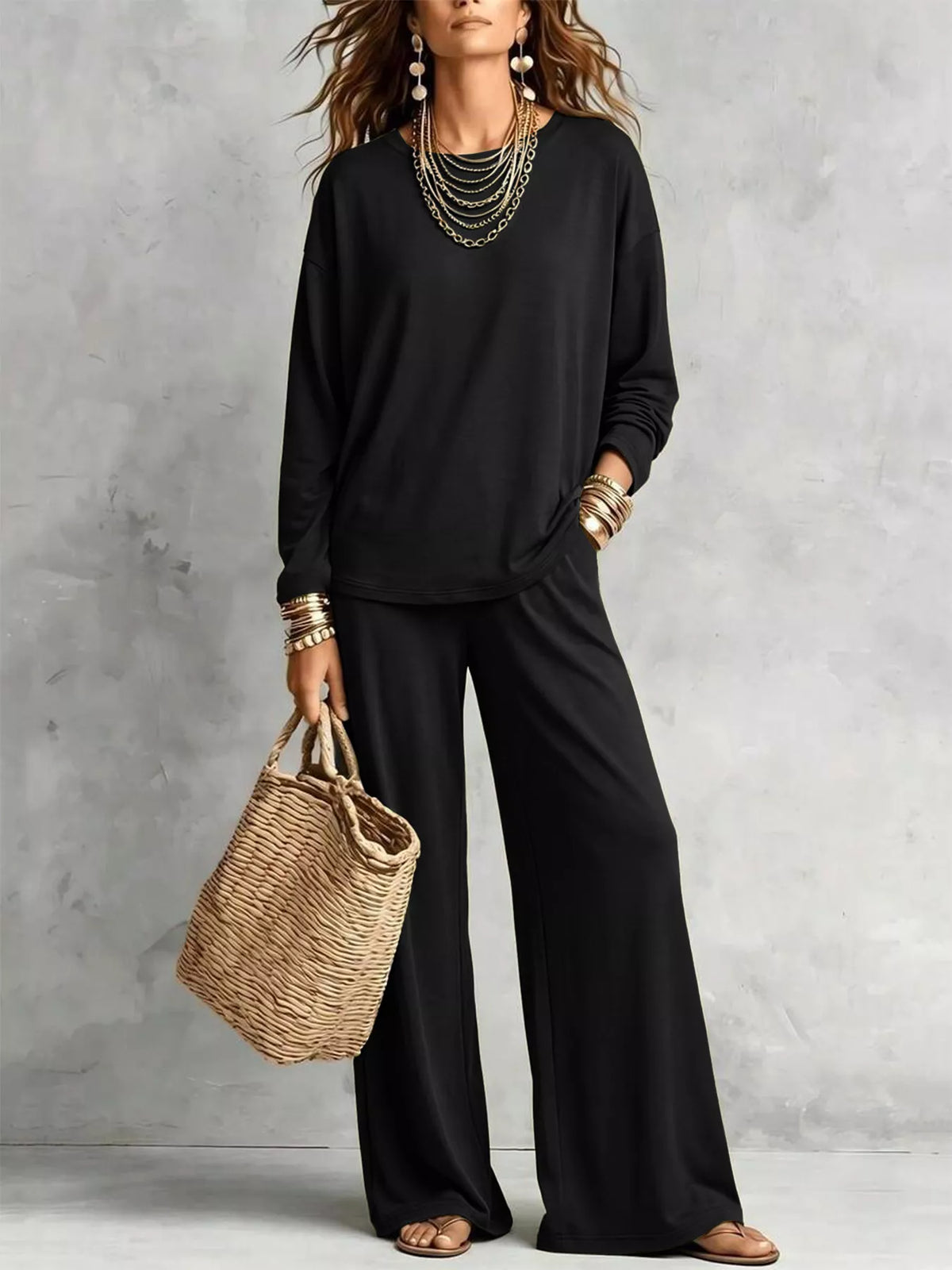 Round Neck T-Shirt and Wide-Leg Pants Set - WYNFLARE