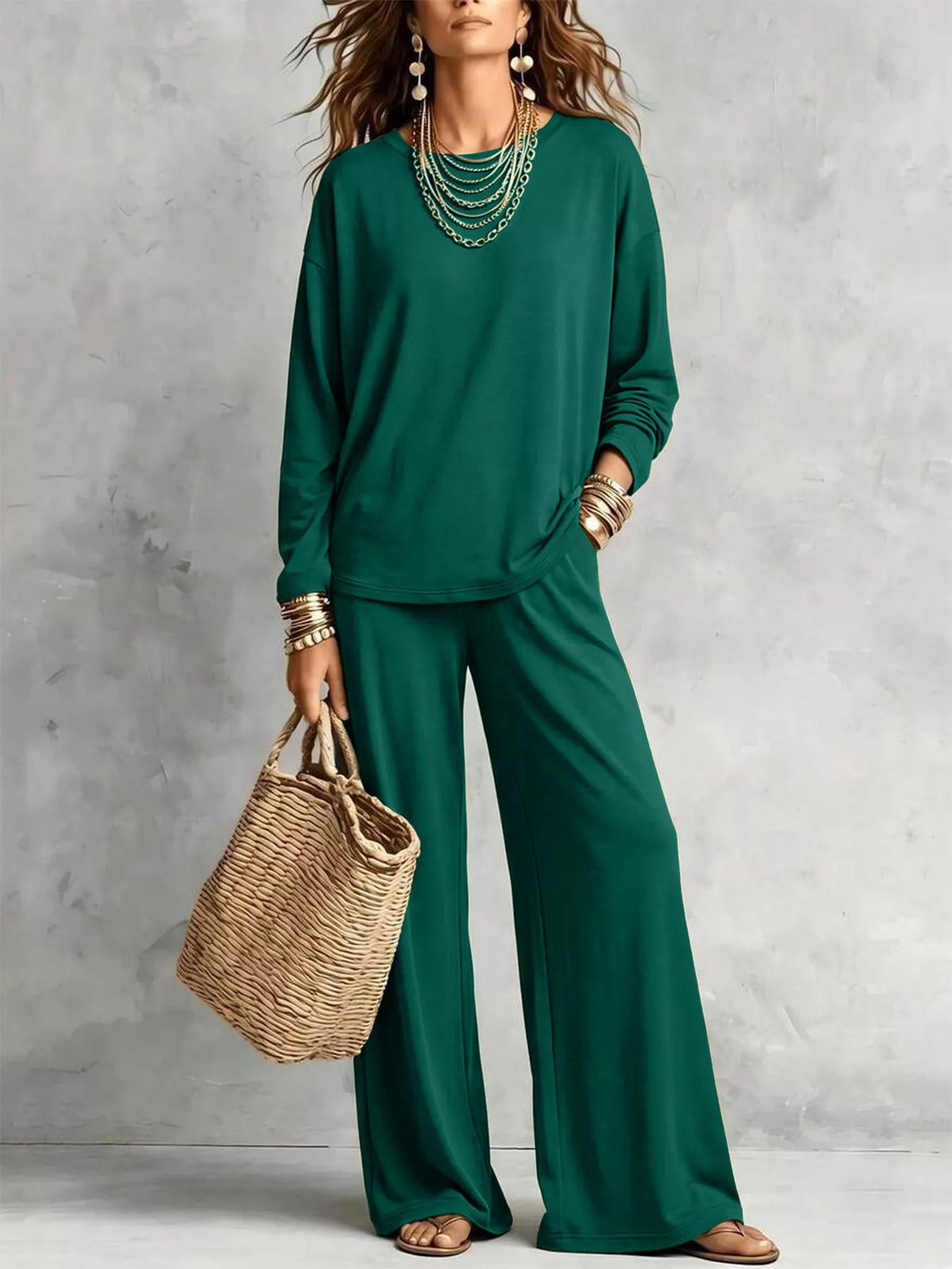 Round Neck T-Shirt and Wide-Leg Pants Set - WYNFLARE