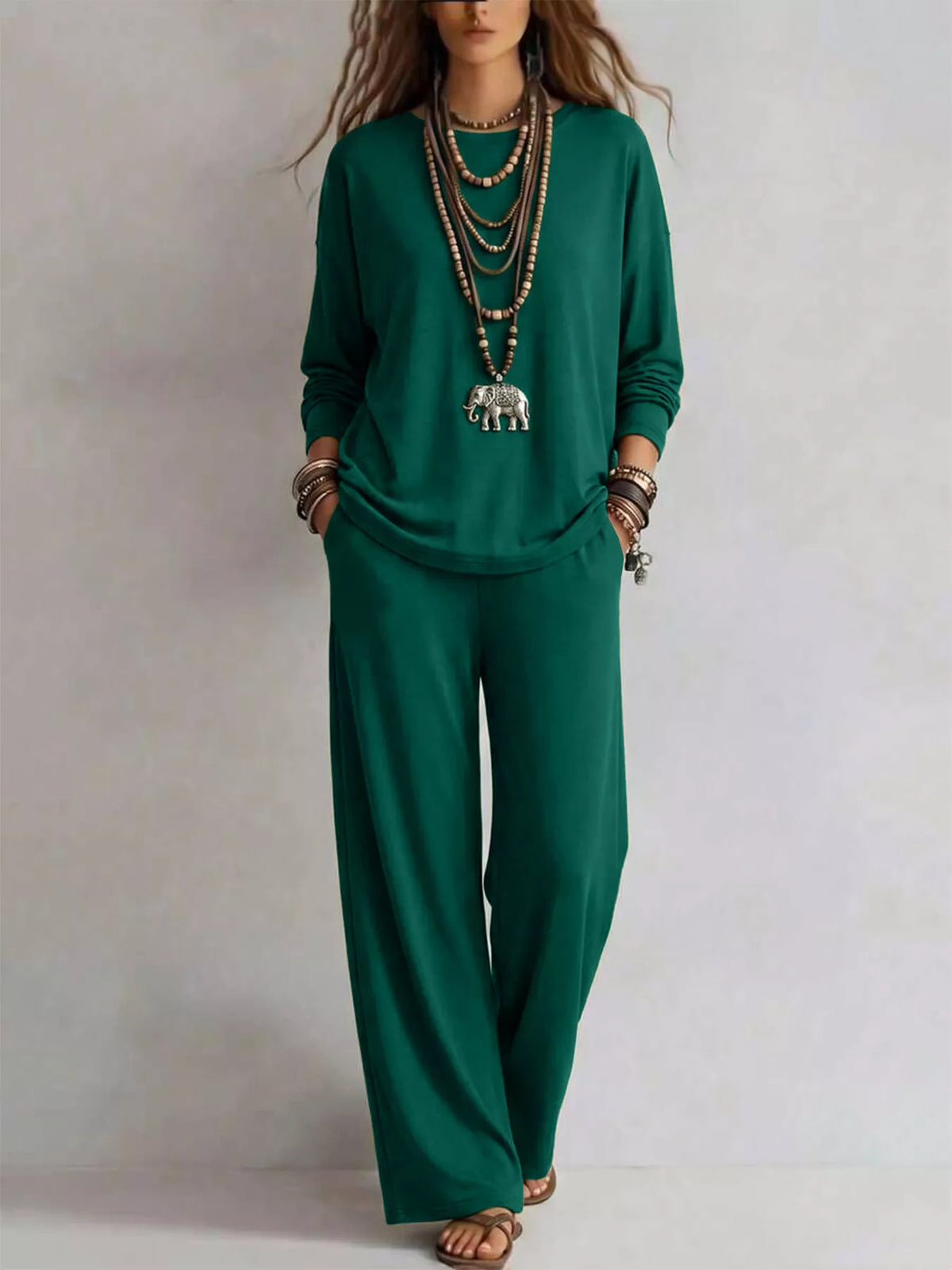 Round Neck T-Shirt and Wide-Leg Pants Set - WYNFLARE