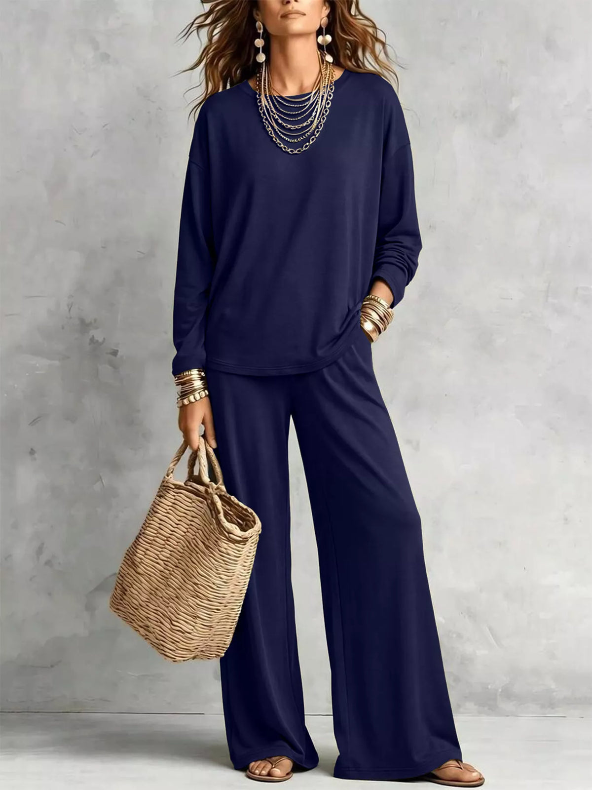 Round Neck T-Shirt and Wide-Leg Pants Set - WYNFLARE