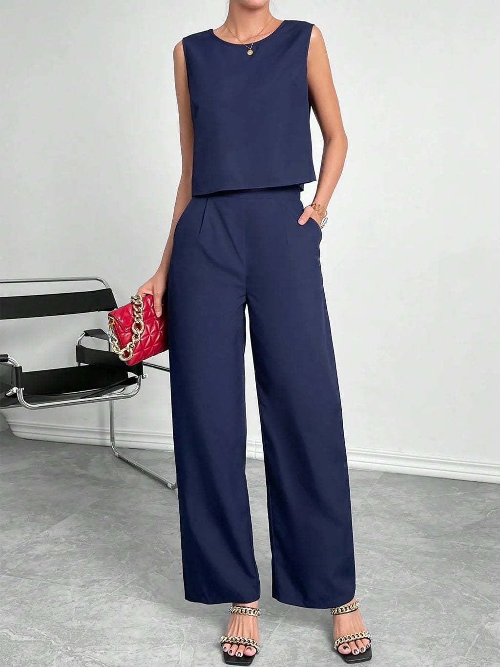 Round Neck Top and Pants Set - WYNFLARE
