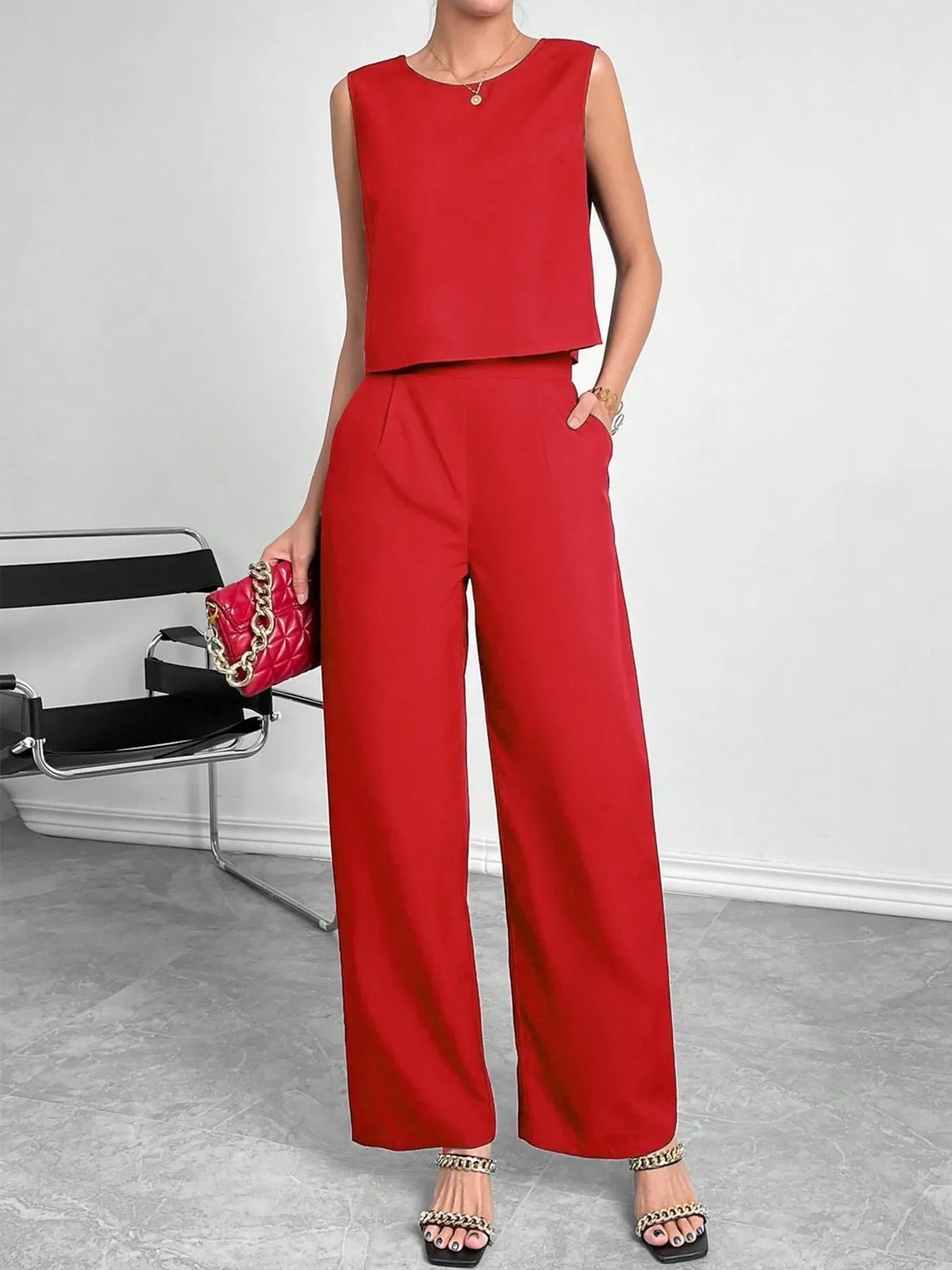 Round Neck Top and Pants Set - WYNFLARE