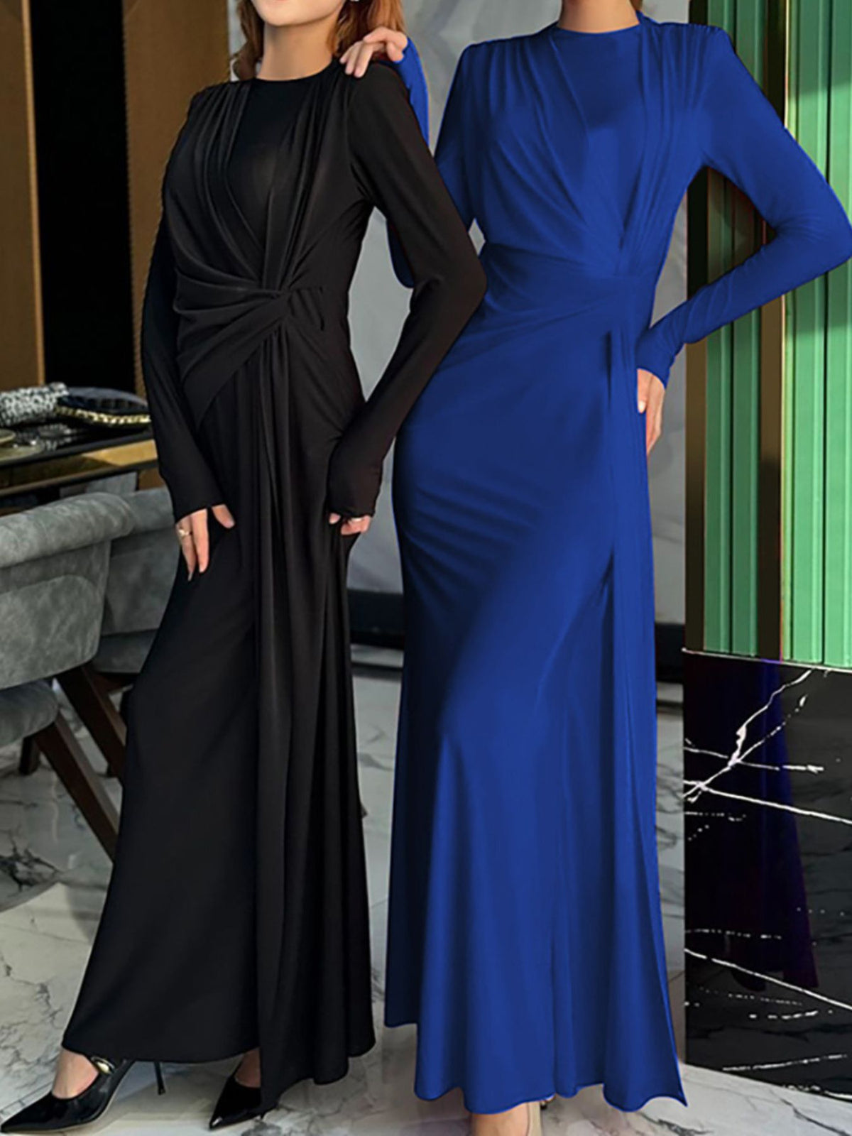 Ruched Knot Front Long Sleeve Maxi Dress - WYNFLARE