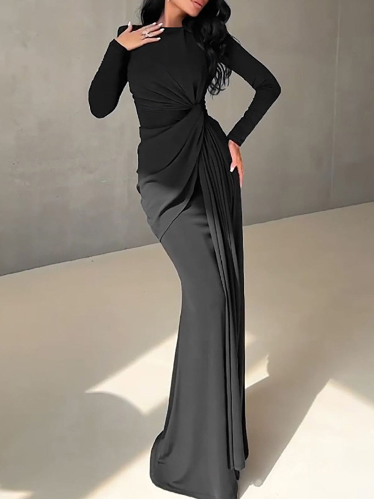 Ruched Knot Front Long Sleeve Maxi Dress - WYNFLARE