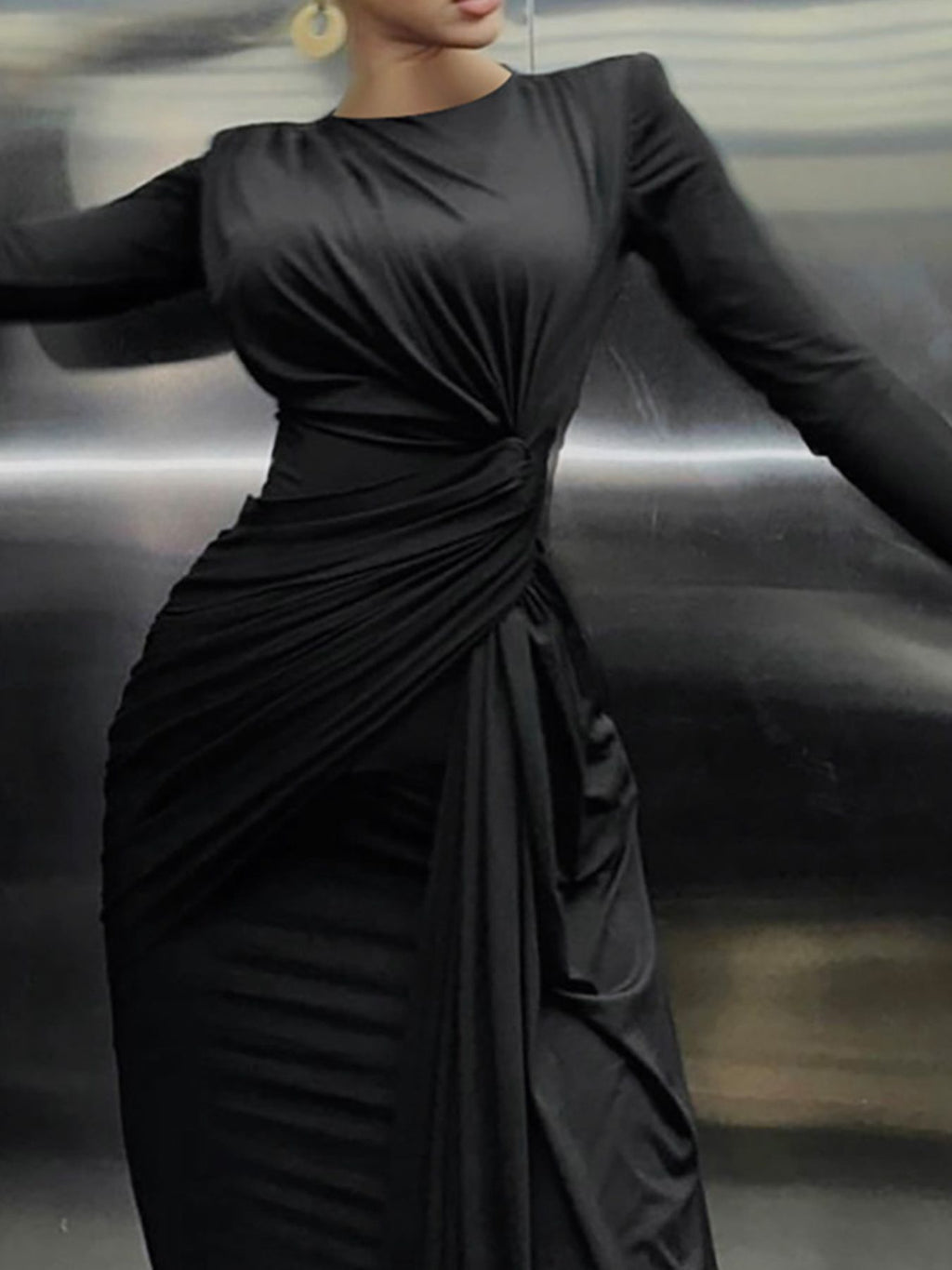 Ruched Knot Front Long Sleeve Maxi Dress - WYNFLARE