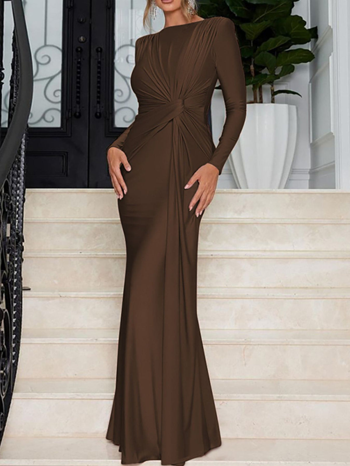 Ruched Knot Front Long Sleeve Maxi Dress - WYNFLARE