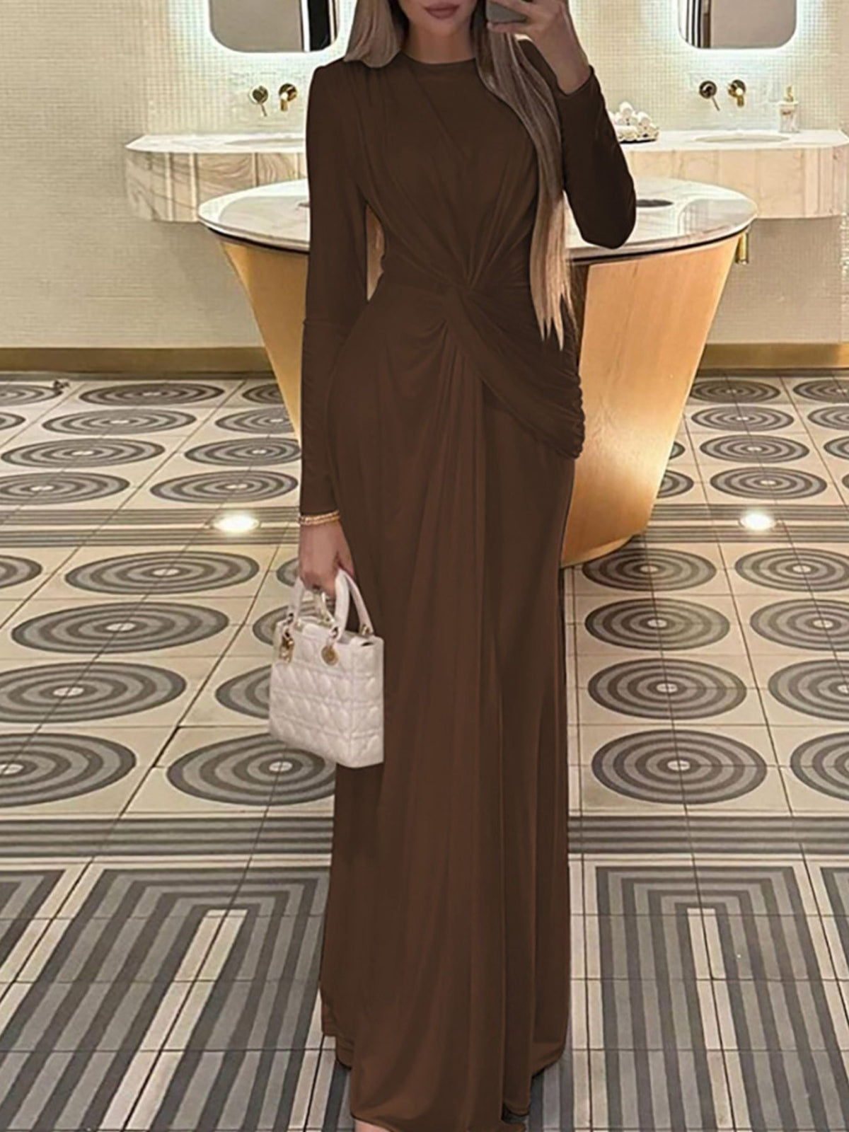 Ruched Knot Front Long Sleeve Maxi Dress - WYNFLARE