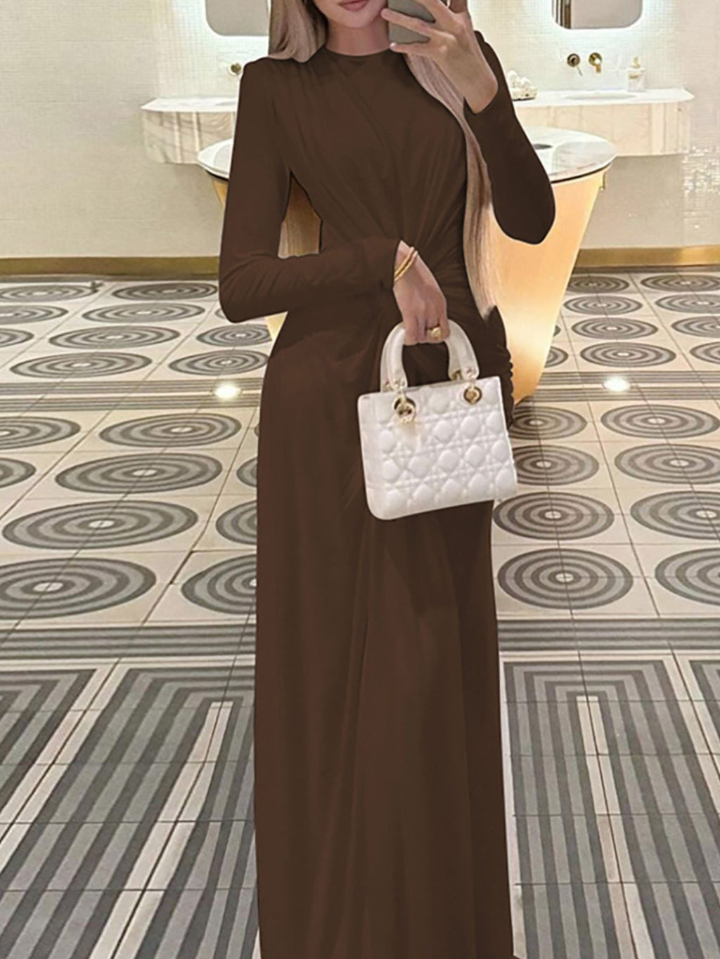 Ruched Knot Front Long Sleeve Maxi Dress - WYNFLARE