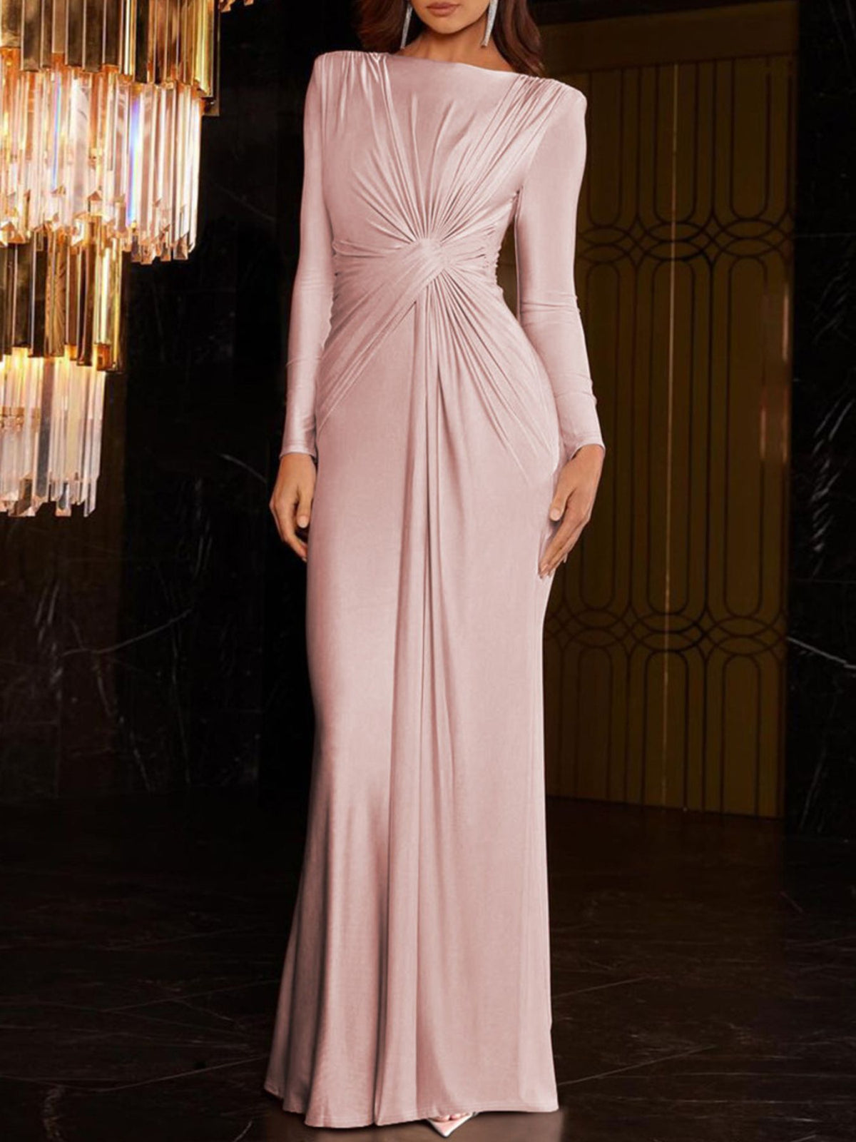 Ruched Knot Front Long Sleeve Maxi Dress - WYNFLARE