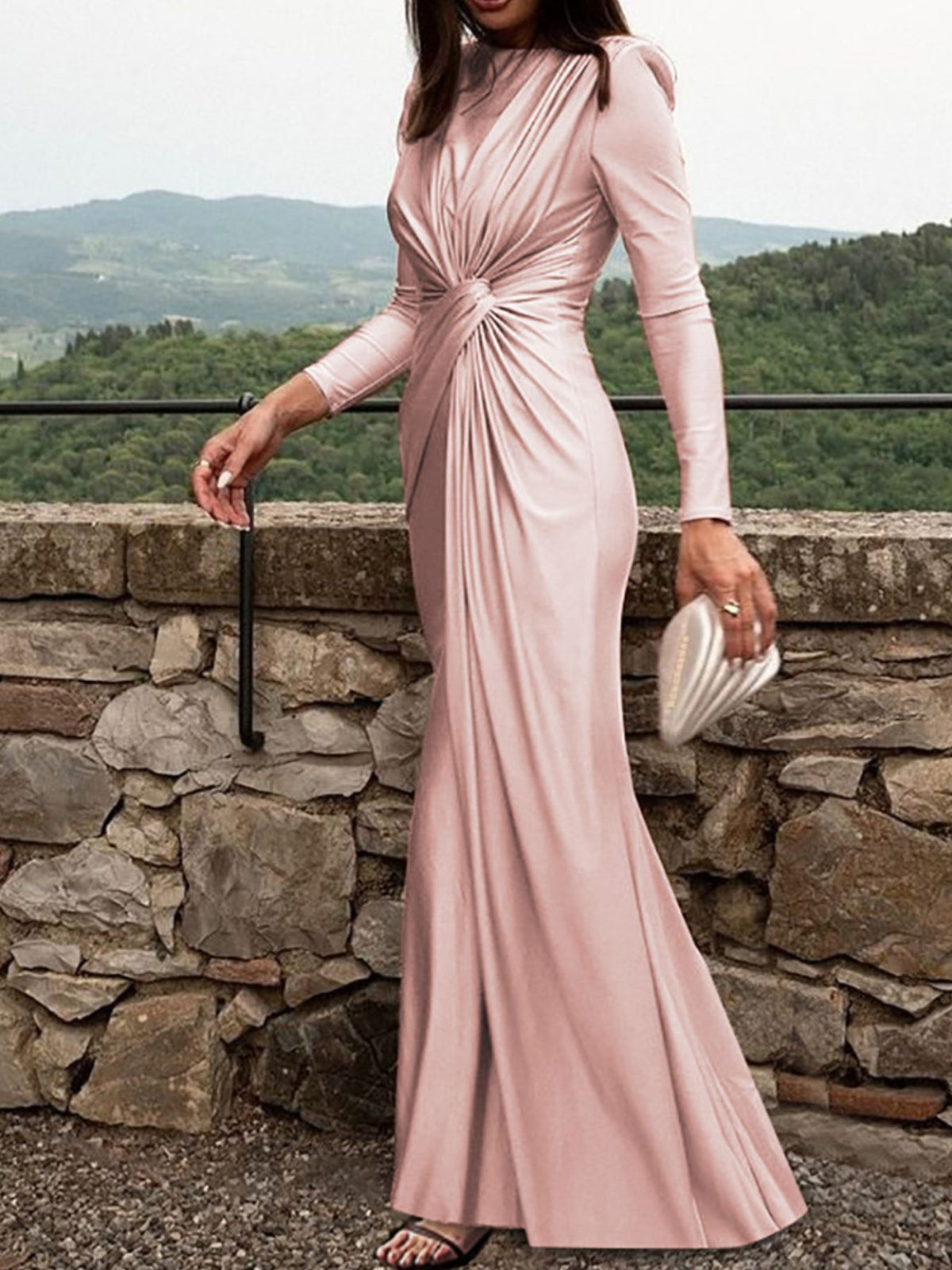 Ruched Knot Front Long Sleeve Maxi Dress - WYNFLARE