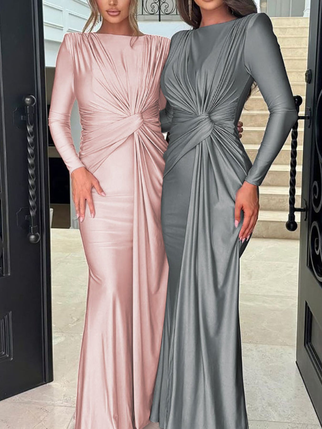 Ruched Knot Front Long Sleeve Maxi Dress - WYNFLARE