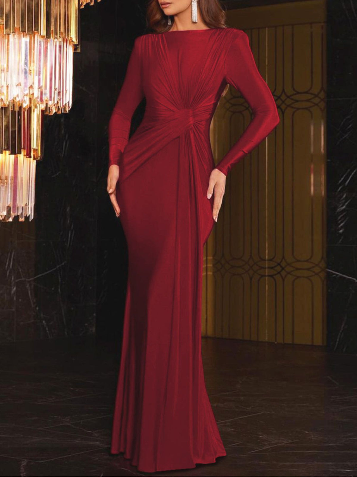 Ruched Knot Front Long Sleeve Maxi Dress - WYNFLARE