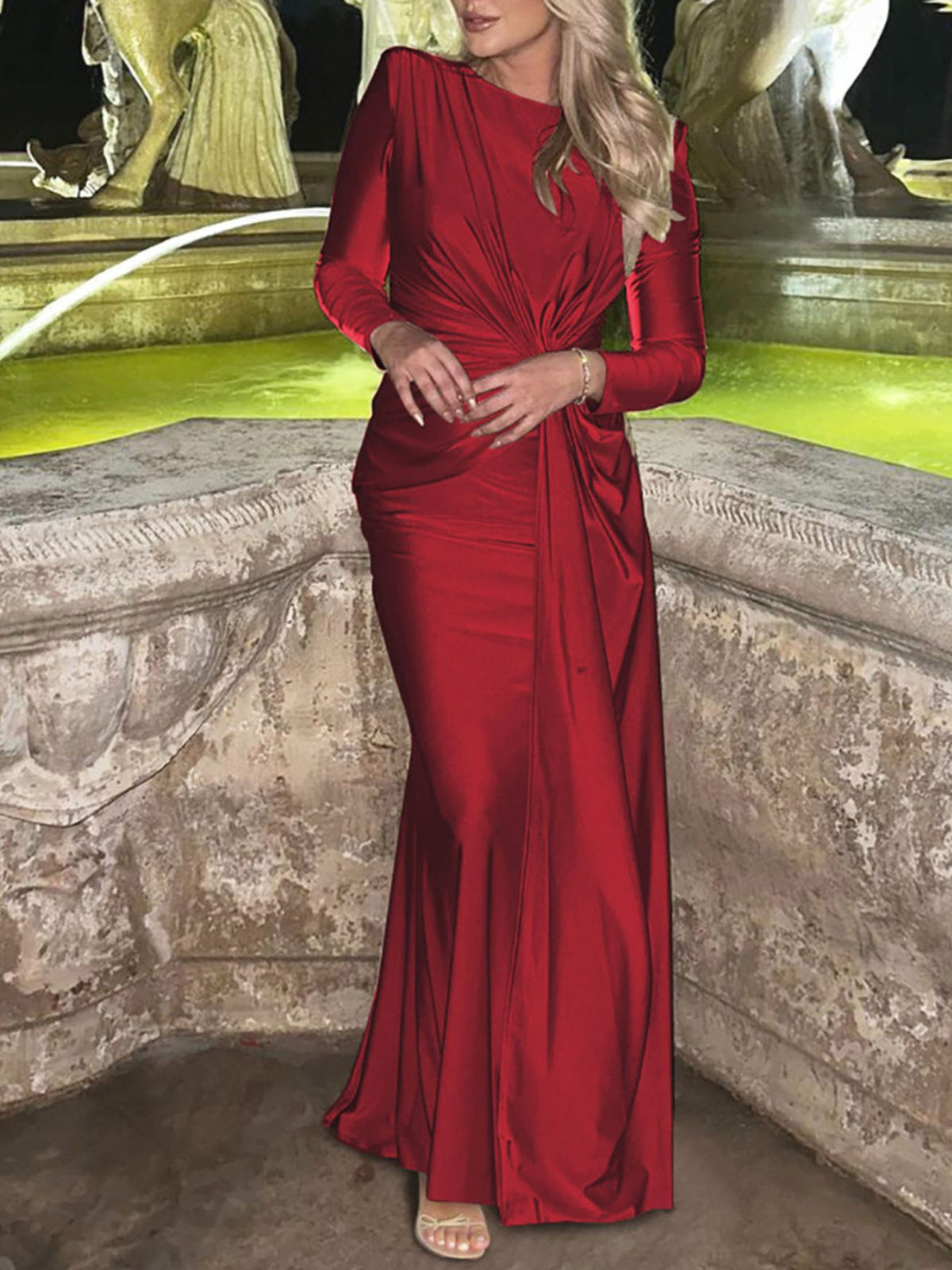 Ruched Knot Front Long Sleeve Maxi Dress - WYNFLARE