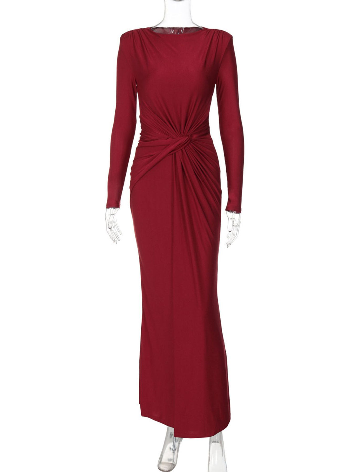 Ruched Knot Front Long Sleeve Maxi Dress - WYNFLARE