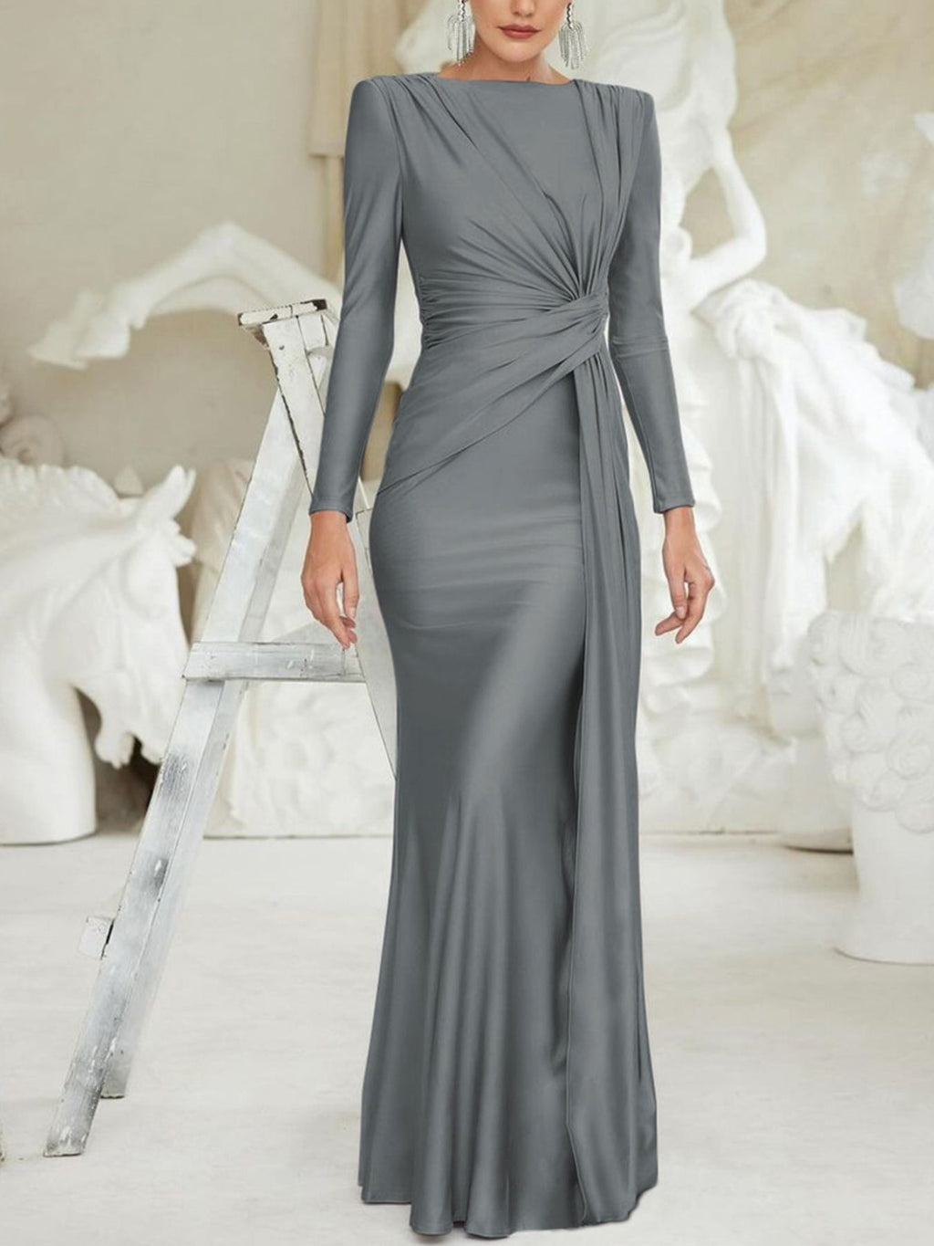 Ruched Knot Front Long Sleeve Maxi Dress - WYNFLARE