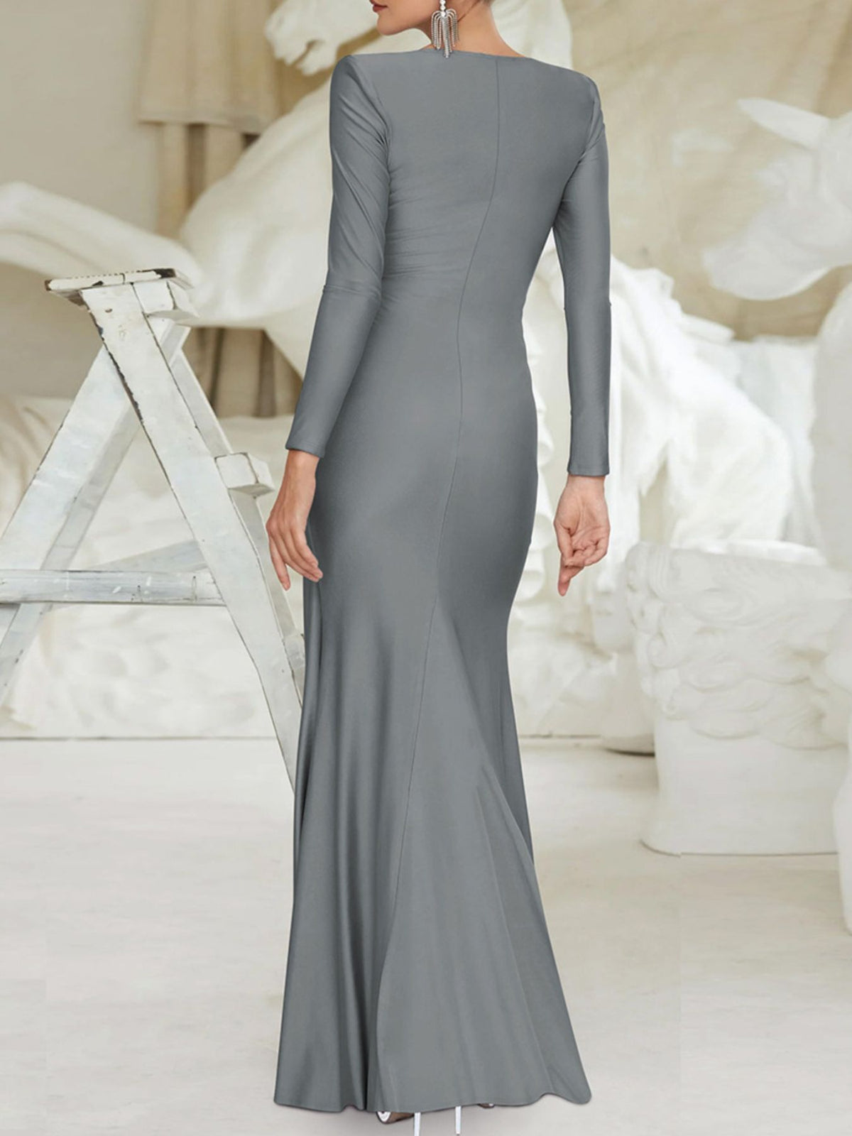 Ruched Knot Front Long Sleeve Maxi Dress - WYNFLARE