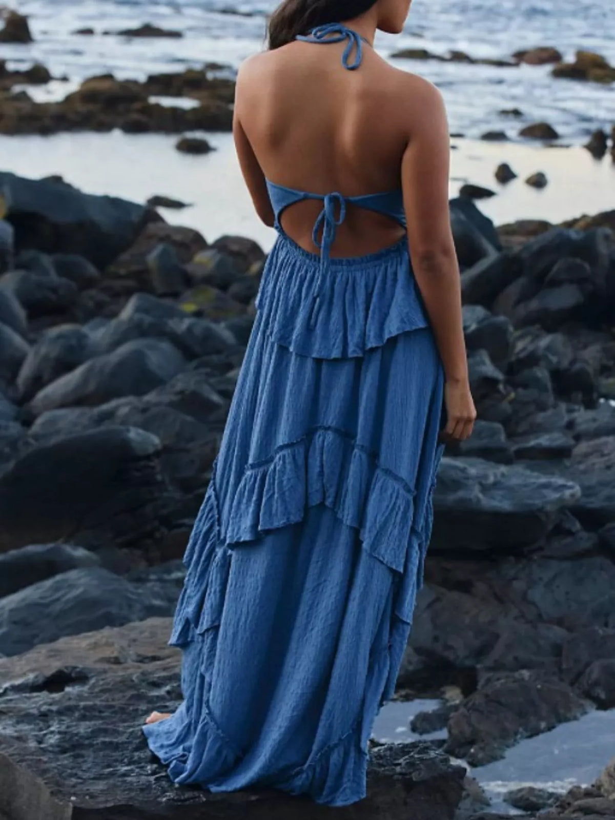 Ruffled Halter Neck Maxi Dress - WYNFLARE