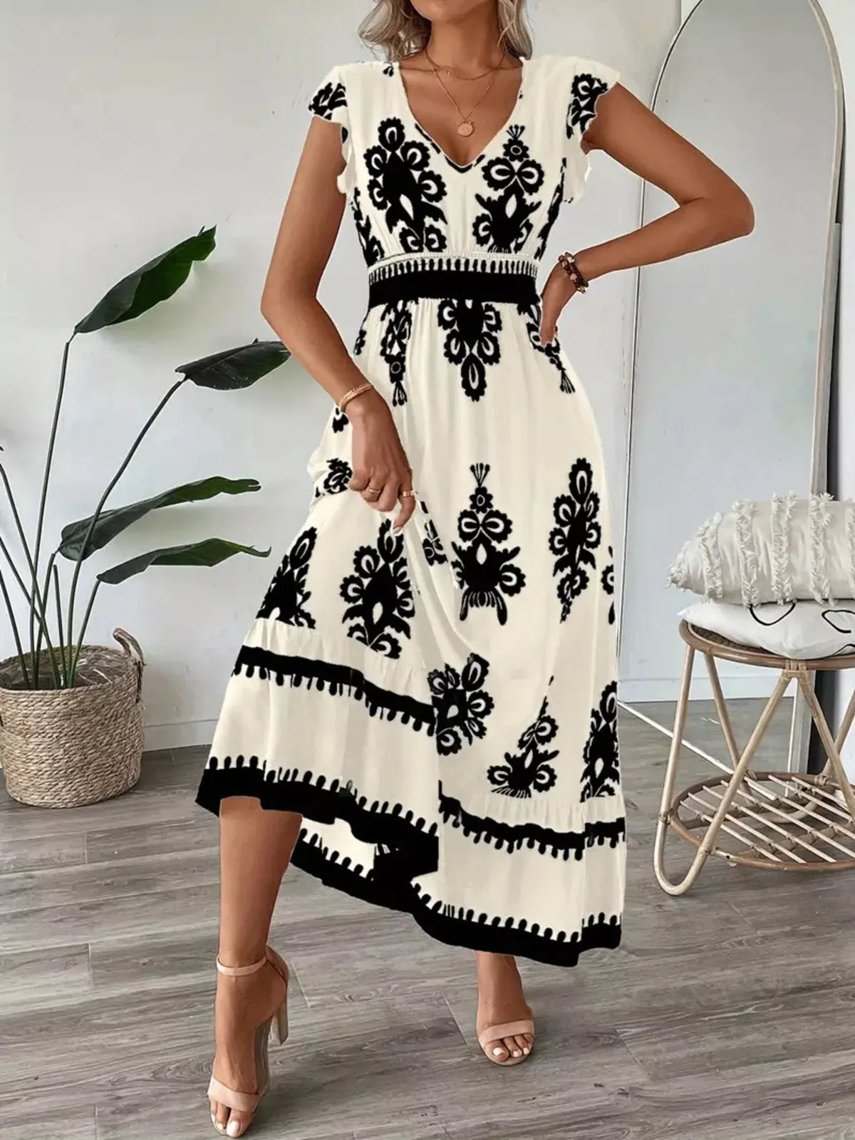 Ruffled Printed V-Neck Maxi Dress - WYNFLARE