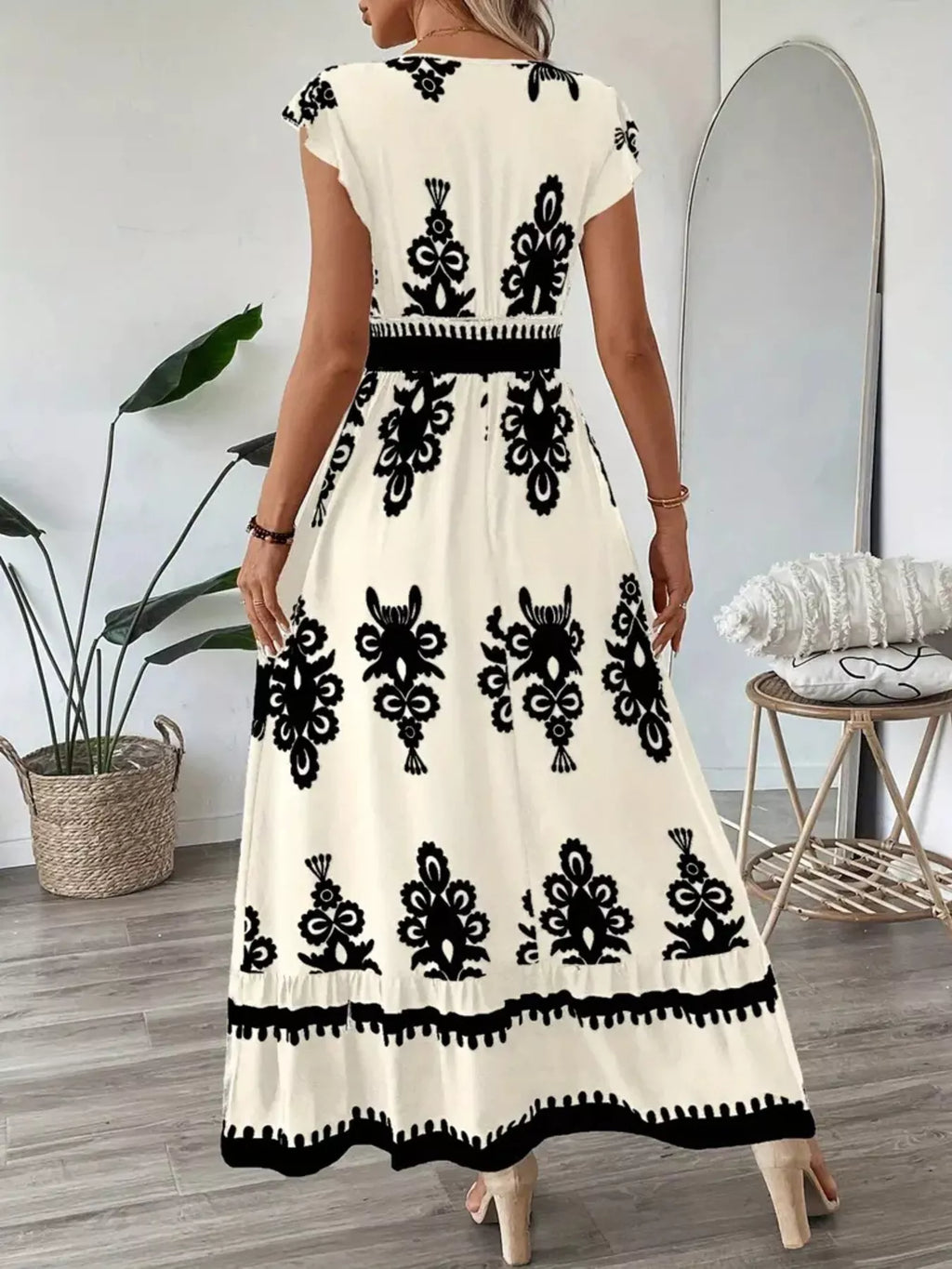 Ruffled Printed V-Neck Maxi Dress - WYNFLARE