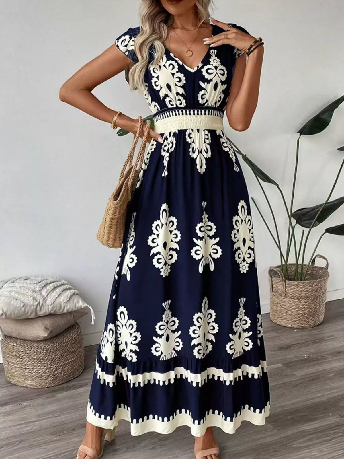 Ruffled Printed V-Neck Maxi Dress - WYNFLARE