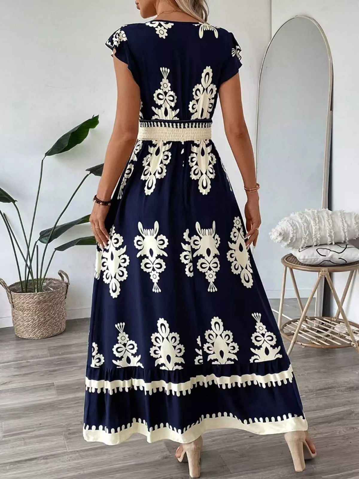 Ruffled Printed V-Neck Maxi Dress - WYNFLARE