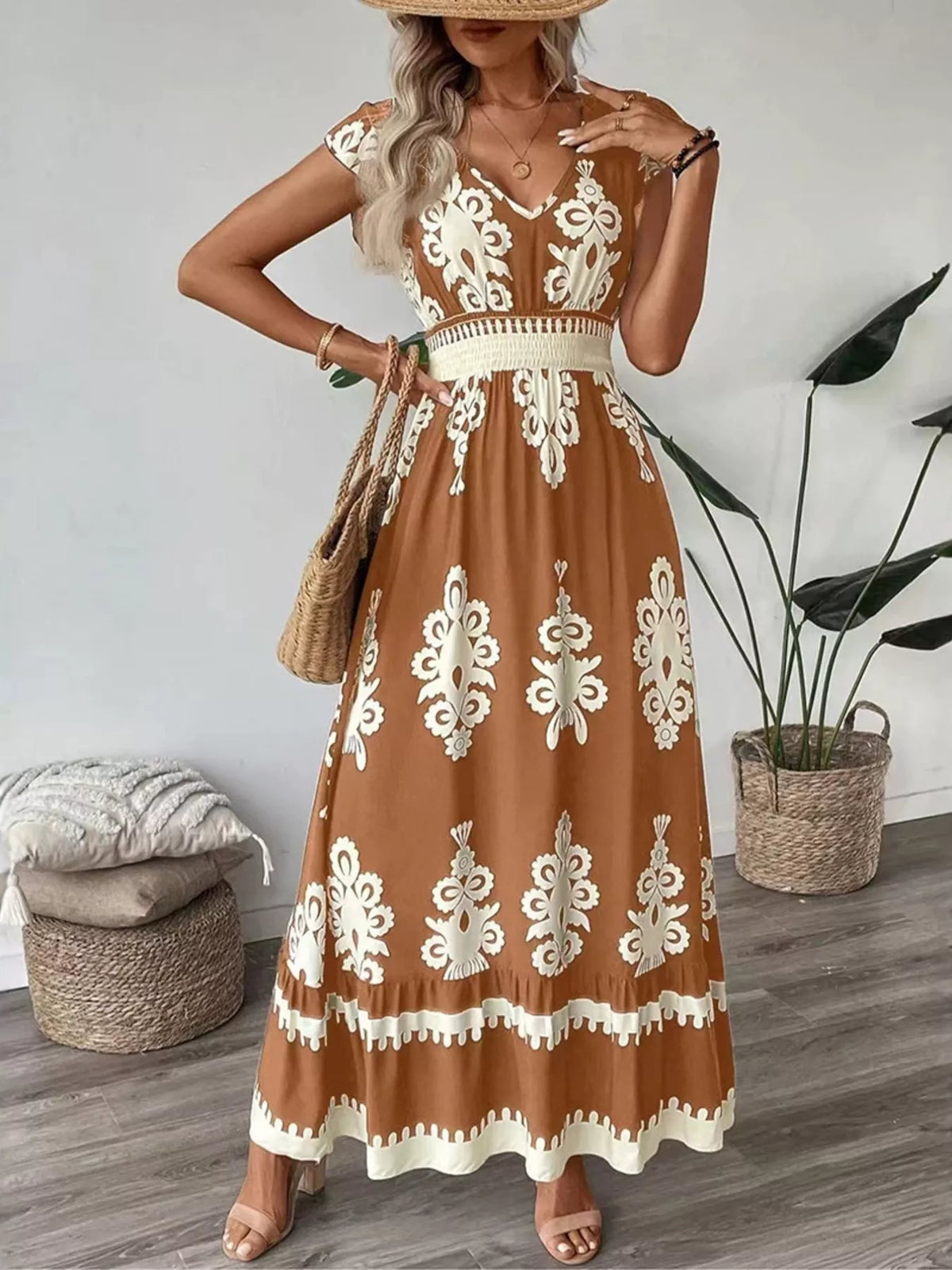 Ruffled Printed V-Neck Maxi Dress - WYNFLARE