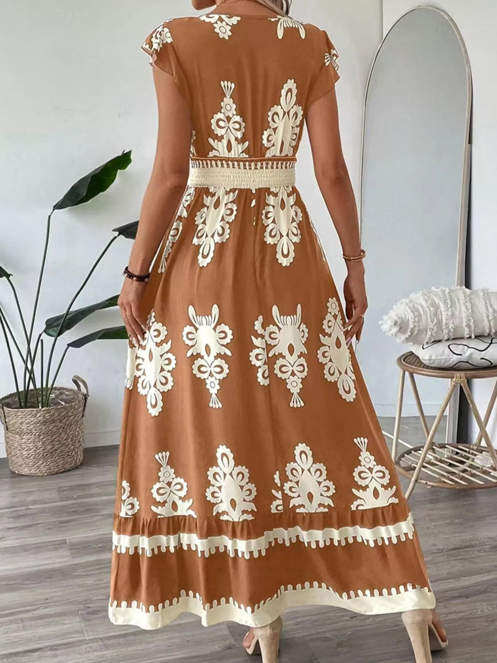 Ruffled Printed V-Neck Maxi Dress - WYNFLARE