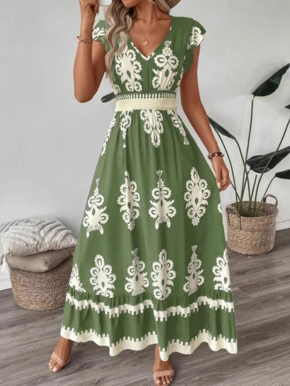 Ruffled Printed V-Neck Maxi Dress - WYNFLARE