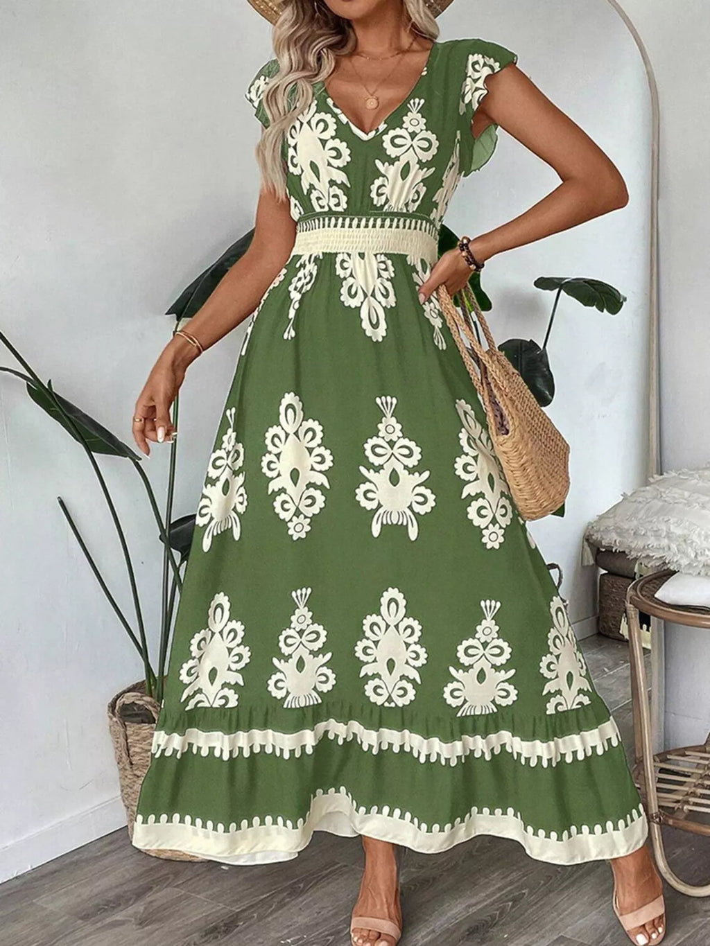 Ruffled Printed V-Neck Maxi Dress - WYNFLARE