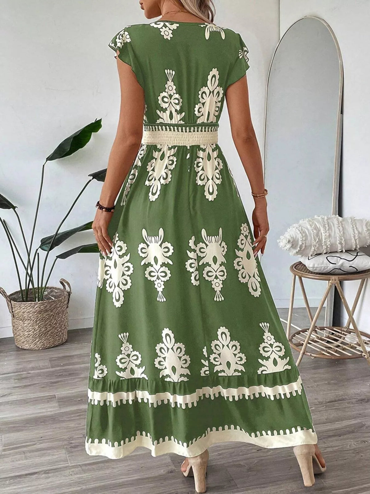 Ruffled Printed V-Neck Maxi Dress - WYNFLARE