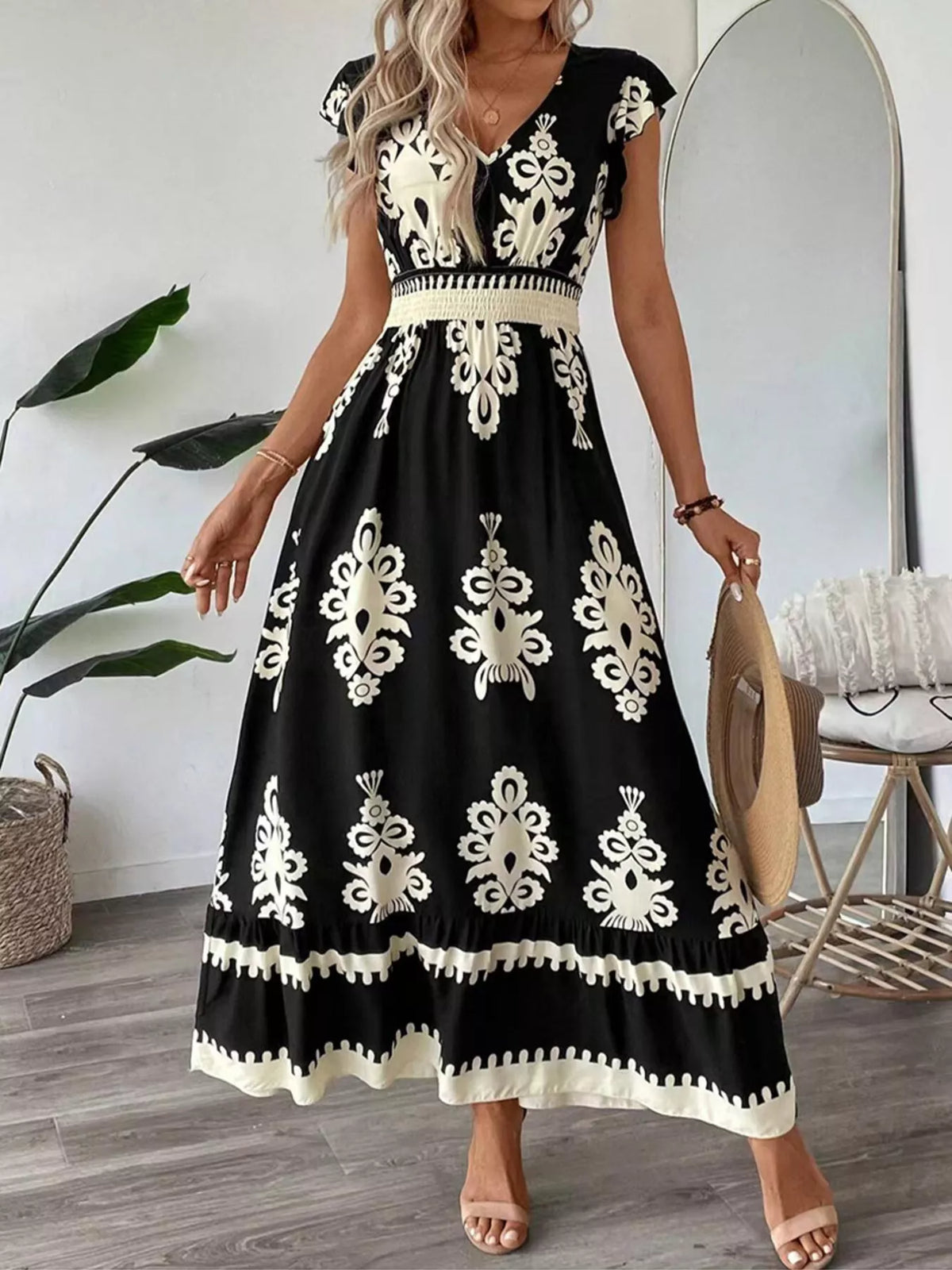 Ruffled Printed V-Neck Maxi Dress - WYNFLARE