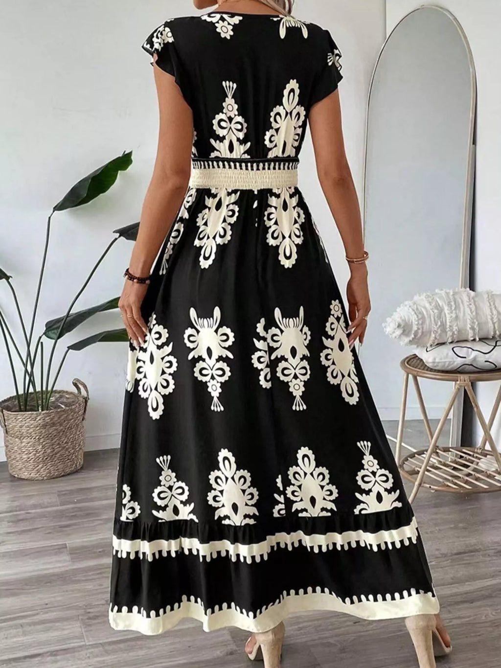 Ruffled Printed V-Neck Maxi Dress - WYNFLARE