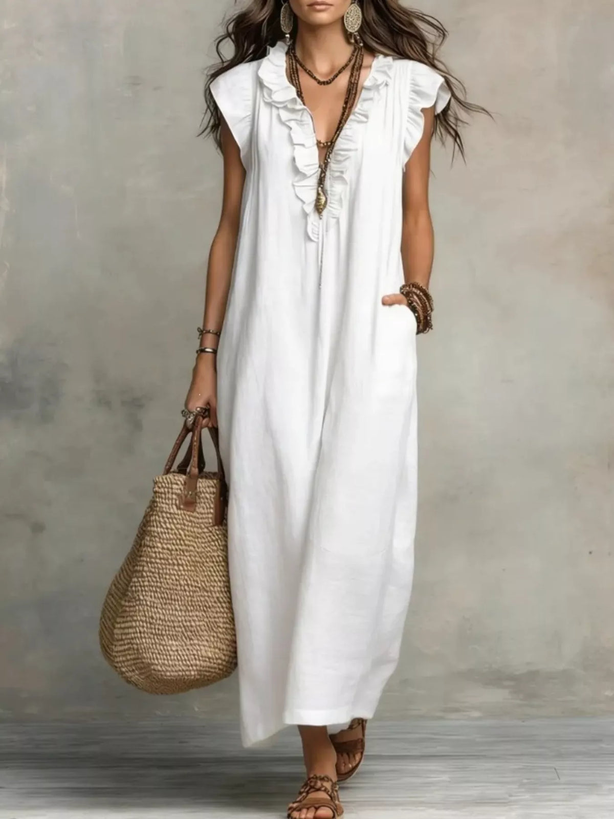 Ruffled V-Neck Maxi Dress - WYNFLARE