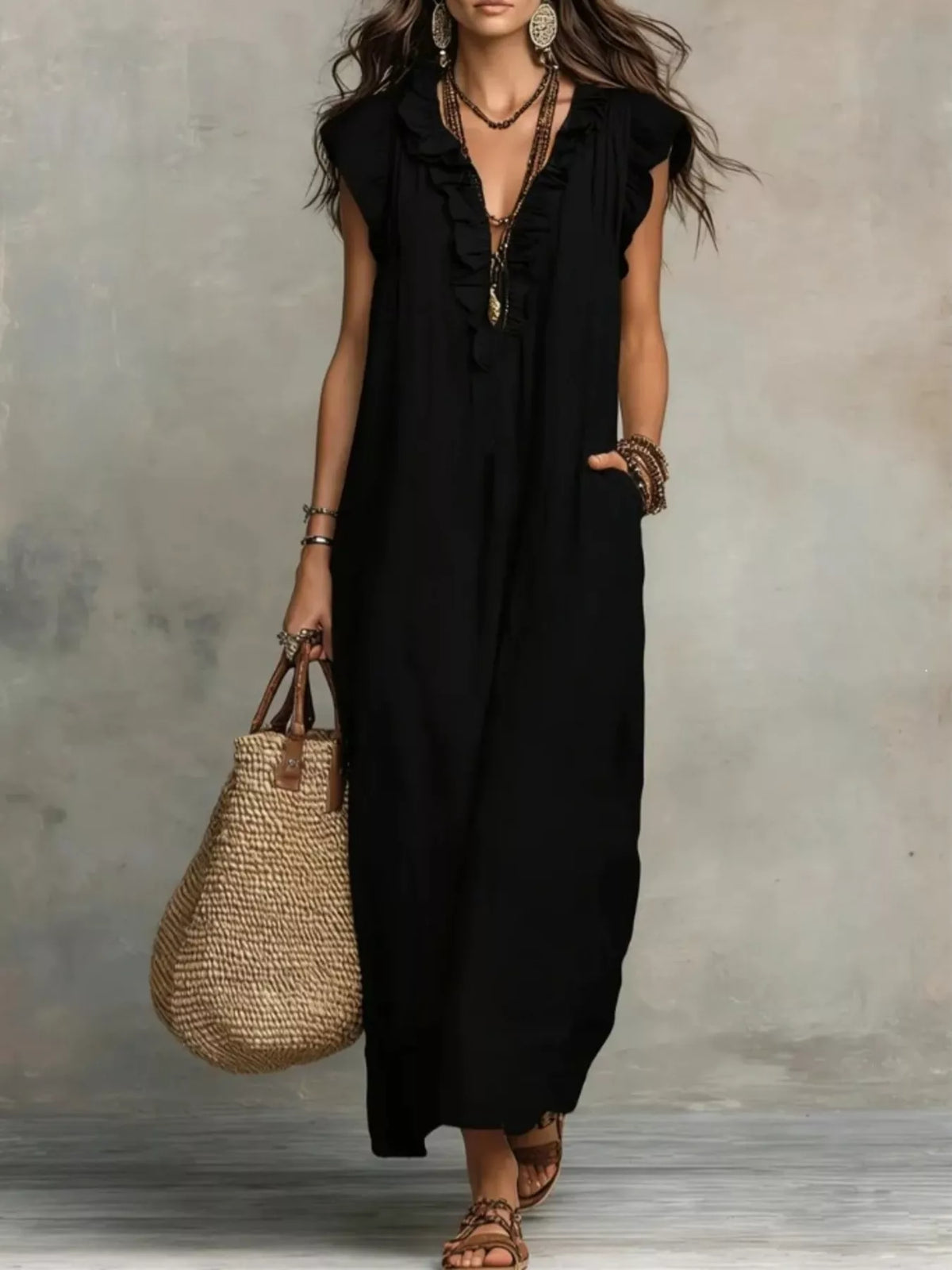 Ruffled V-Neck Maxi Dress - WYNFLARE