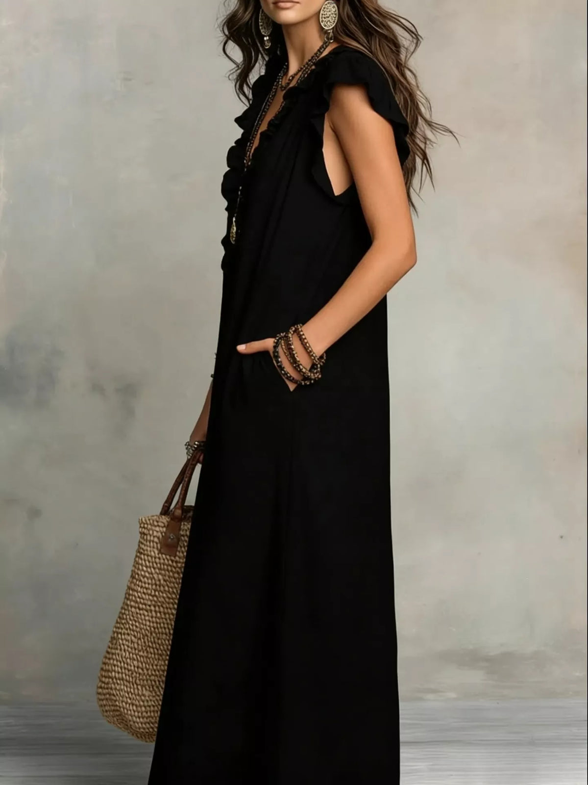 Ruffled V-Neck Maxi Dress - WYNFLARE