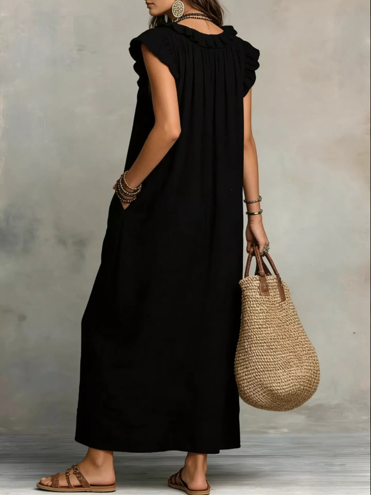 Ruffled V-Neck Maxi Dress - WYNFLARE