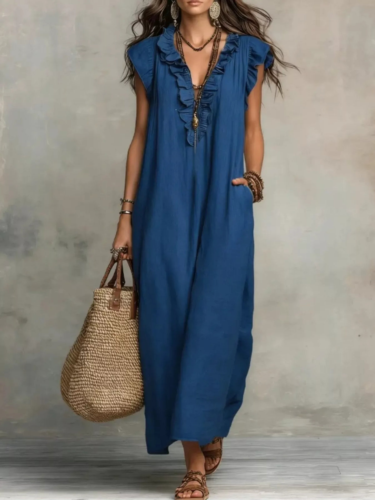 Ruffled V-Neck Maxi Dress - WYNFLARE